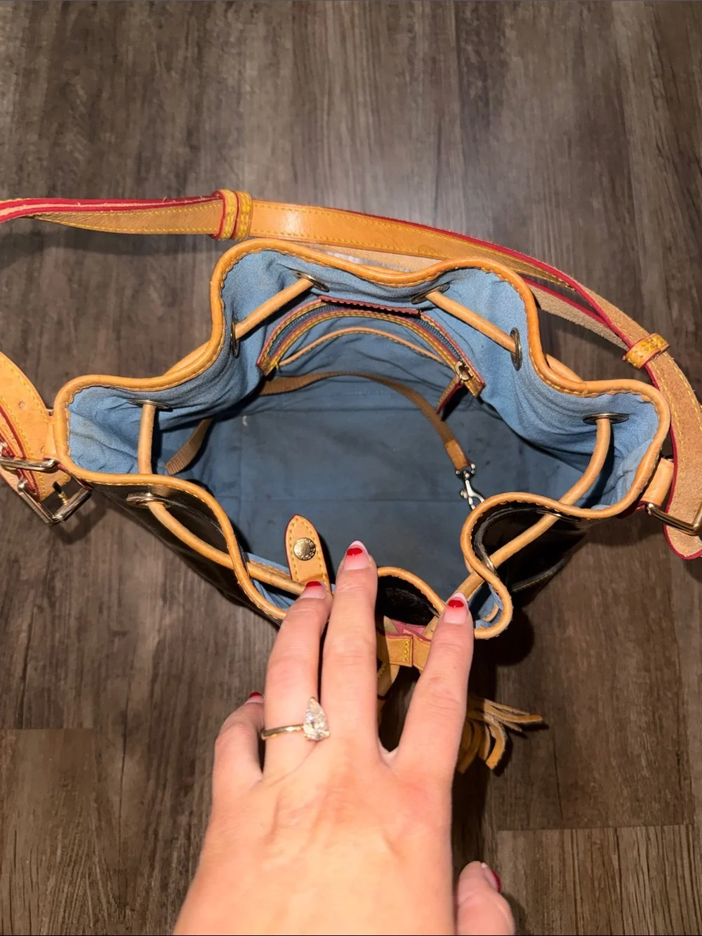 Dooney & Bourke Black Patent Leather Drawstring Shoulder Bag with Tan Trim